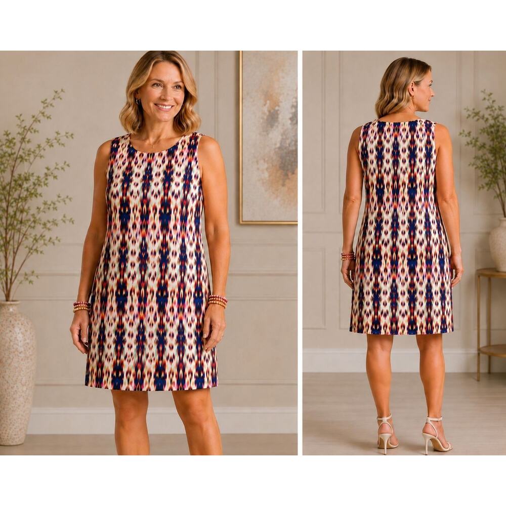 Tahari 14P Petite Shift Dress Multicolor Ikat Style Print Sleeveless Lined